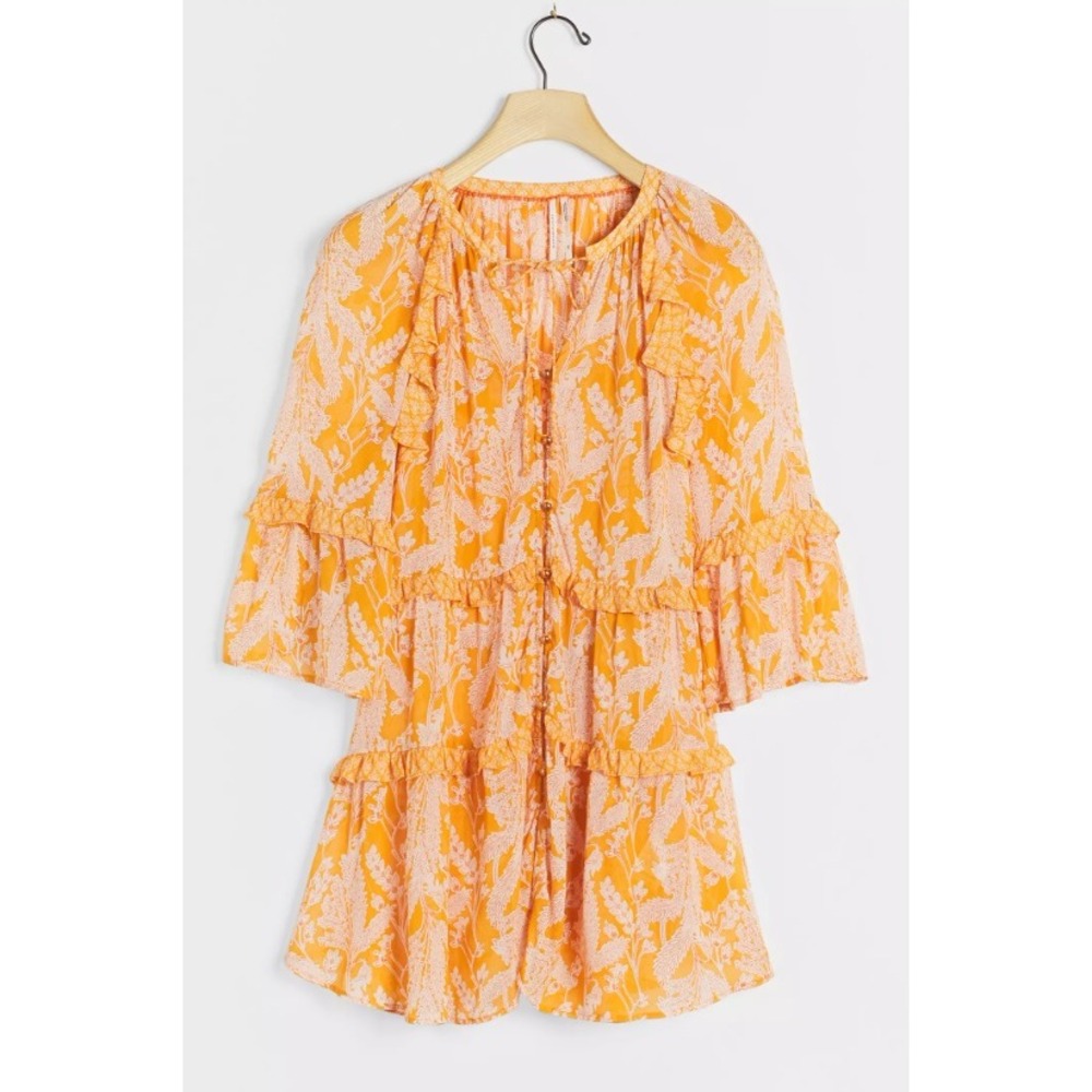 Anthropologie Mia Tunic Blouse Button Front Pink Floral Tiered Ruffle Boho S